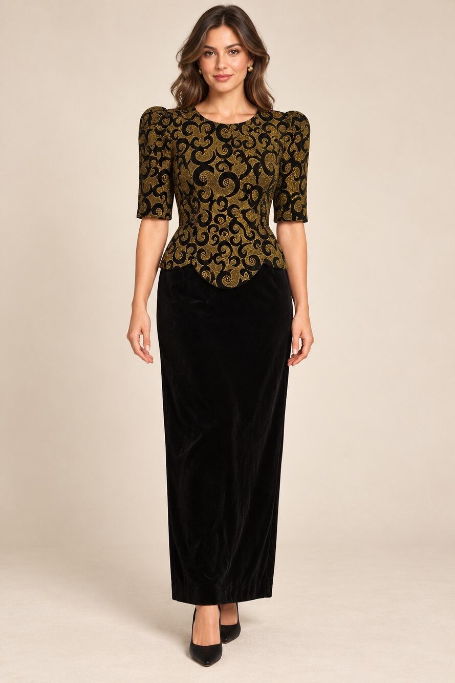Vintage Leslie Fay Evenings Black Velvet Gold Scroll Open Back Maxi Dress